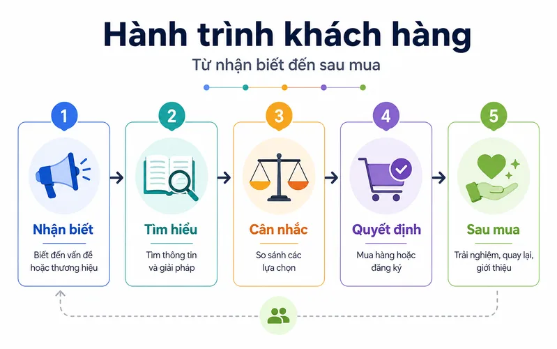 Content marketing đồng hành với khách hàng ở từng giai đoạn trước, trong và sau khi mua hàng.