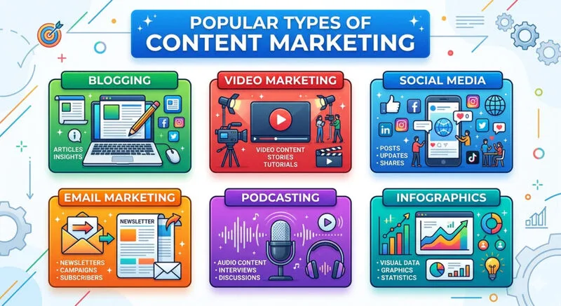 Content marketing có nhiều định dạng như bài SEO, video, email, infographic và podcast.